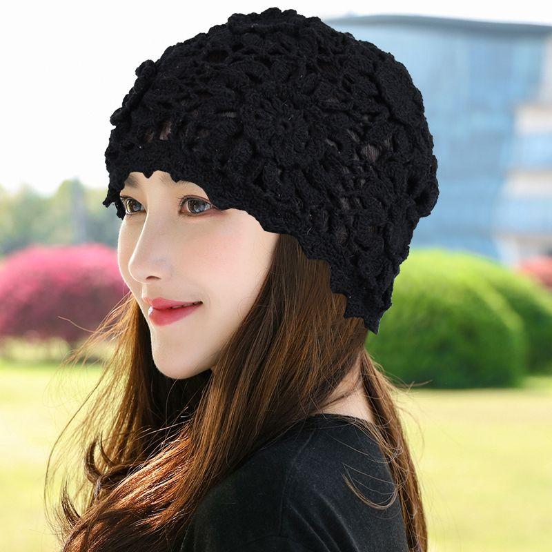 Women's Spring Autumn Thin Crochet Hollow Knitted Hat Mesh Breathable Elegant Handmade Flower Cap
