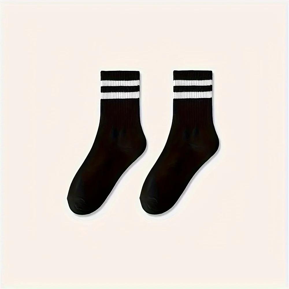 3 Pairs Breathable Sports Socks - Mid-Calf & Ankle Length, Moisture-Wicking, Black-White Stripes, Soft  for Gym, Running, Hiking
