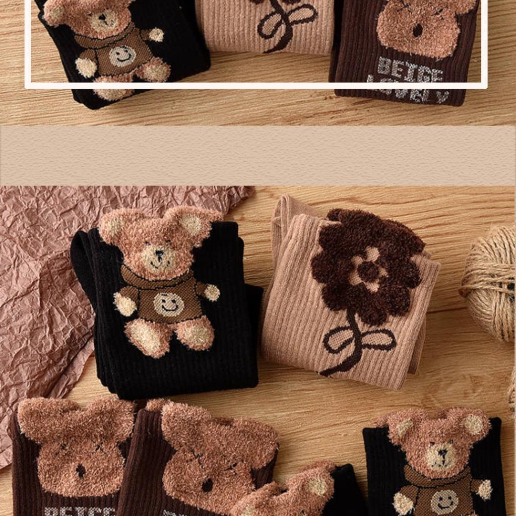 10-1 Pairs of Women's Mid Length Socks - Cute Teddy Bear and Floral Pattern, Elastic Fiber Blend, Ribbed Cuffs, Casual Elegant Autumn and Winter Socks