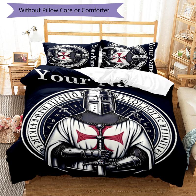 3pcs Custom Name Cartoon Knights Templar Bedding Set Duvet Cover Closure Includes 1 Duvet Cover & 2 Pillowcases for All Seasons Bedroom Decor