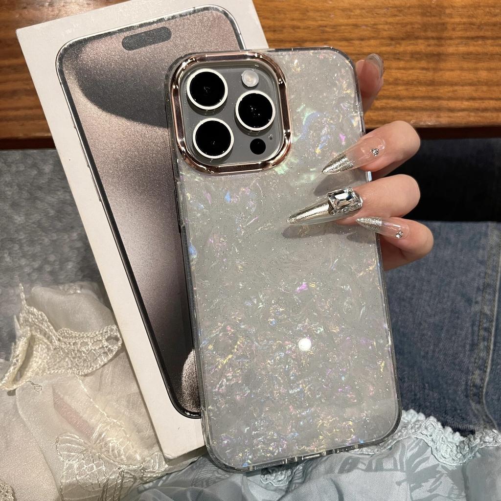 Luxury Glitter Shell Pattern Laser Phone Case For iPhone 12 13 14 15 16 Pro Max Plus Plating Soft IMD Shockproof Cover