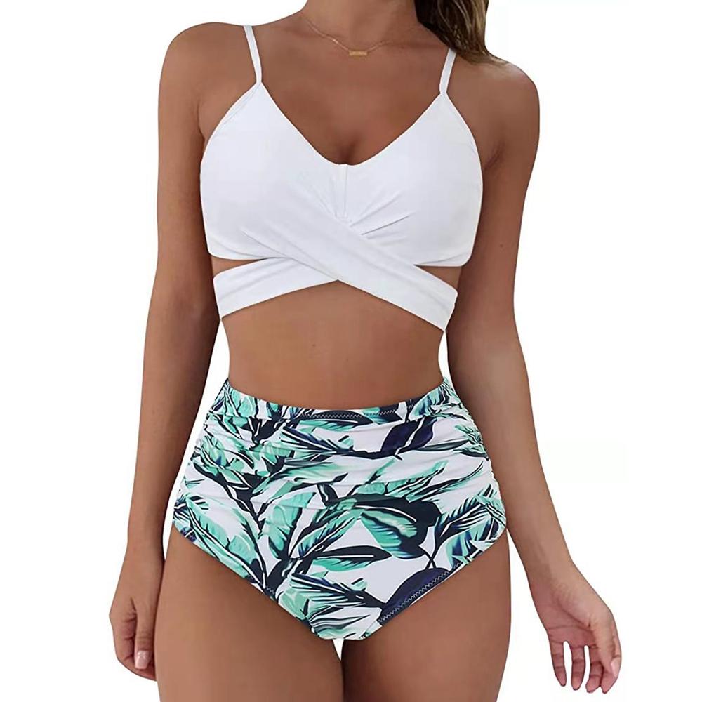 Hot 12 Colors Women Slim Bikini Sets High Waisted Sexy Swimwear 2 Pieces 2026 Solid/Floral Ruched Brazilian Swimsuit Cross Front