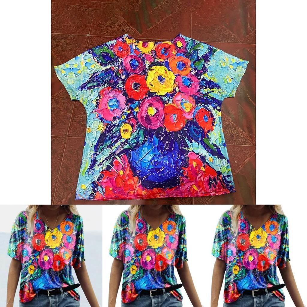 Summer Casual T Shirt With Floral Print And V Neck For Women