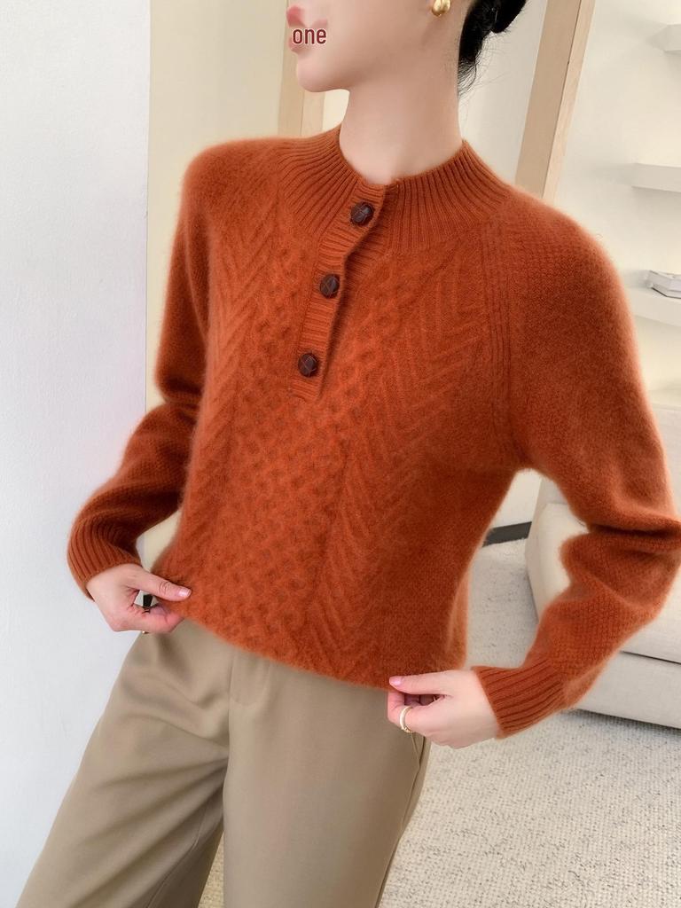 Women's Thickened Cashmere Sweater - Half-High Collar, Half-Button Cable Knit, Loose & Slimming Design
