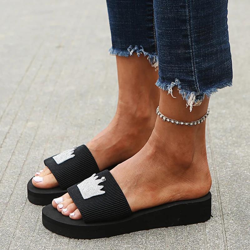 Fashion Summer Slippers with Sequins Decor for Women 2025 Stylish Wedges Platform Slides Woman Daily Outside Soft Bottom Sandals Mujer
