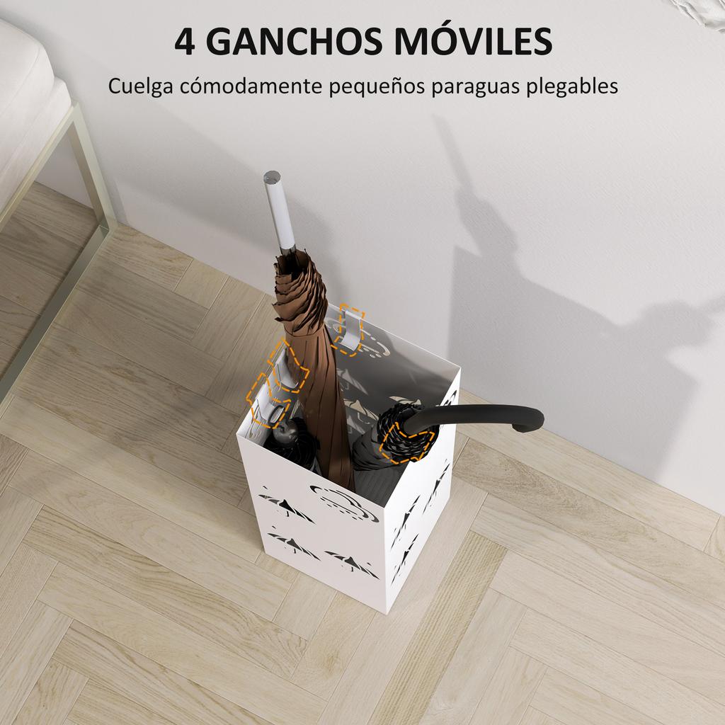 Steel Umbrella Stand With Drip Tray Hooks For Folding Umbrellas And Decorative Design 15.5x15.5x41 Cm White