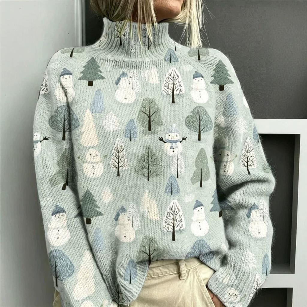 Winter women's new snowman tree print turtleneck casual imitation sweater Christmas sweater