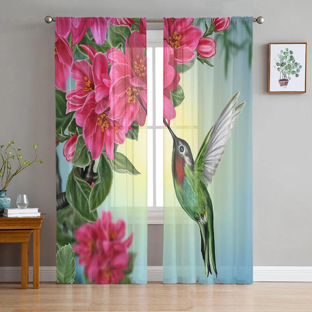 Sheer Hummingbird Pink Flower White Tulle Curtains Living Room Bedroom Decoration Transparent Chiffon Voile Window Curtain Polyester Washable Sitting