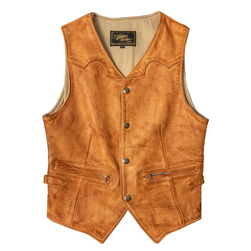 Vintage Heavy Washed Genuine Lambskin Leather Vest Mens Slim Fit Casual Waistcoat