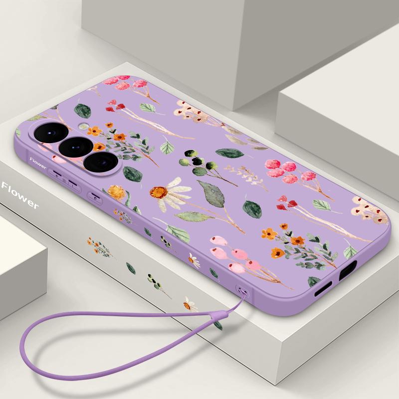 Flower Print Lanyard Case For Samsung Galaxy S24 S23 S22 Ultra S21 FE A14 A34 A52 A54 A15 A25 A35 A55 5G A16 A56 S25 Plus Cover