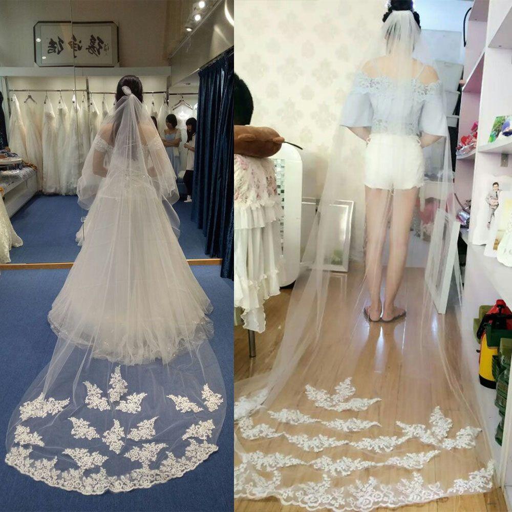 New White/Ivory One-tier Bridal Wedding Veil with Comb Edge Applique Tulle Lace