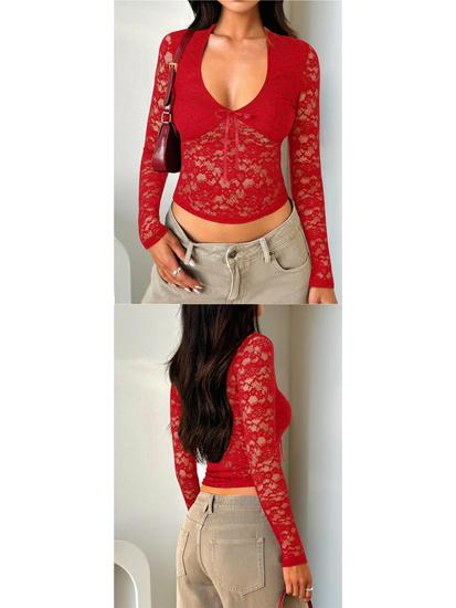 Spring/Summer European-American Sexy Slim Fit Hollow Out Long Sleeve Lace Top