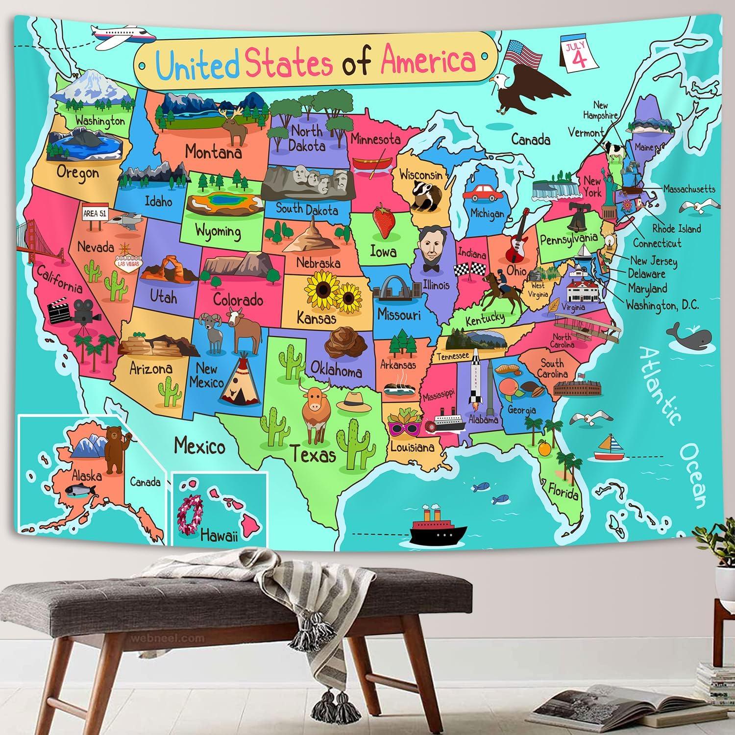 Tapestry: Caricature of the Map of the United States by Voshin 75x100 чёрный