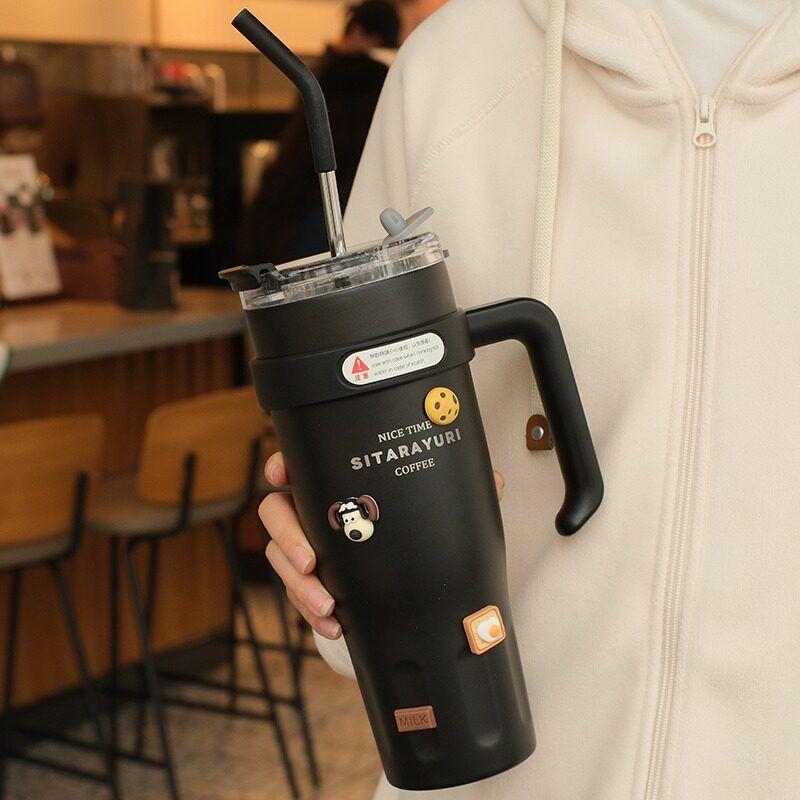 Japanese Bhj Luxury High-Value Handle Cup Stainless Steel Large Capacity Thermos Cup for Men and Women Car-Mounted Straw Water Cup for Women 2.1L Zhongfu Ice Pa Black 1100ml + Cup Brush