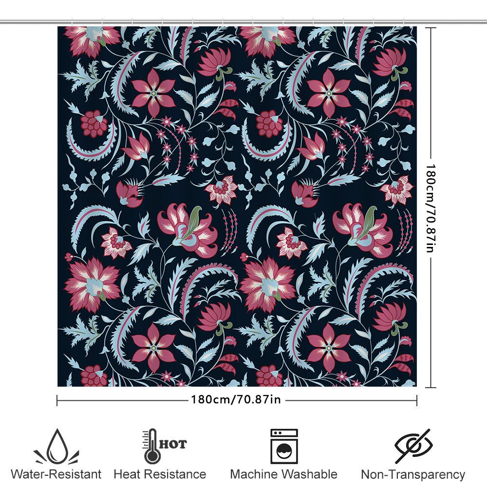 Floral Shower Curtain With Pink Blue Flowers, Modern Decor, Navy Background Set For Bathtub (180X245Cm)