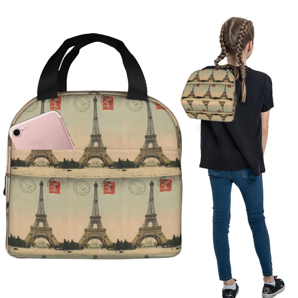Eiffel Tower Vintage French Postcard Insulated Lunch Bag for Women Kids Leakproof Food Boxes Thermal Lunch Box Tote
