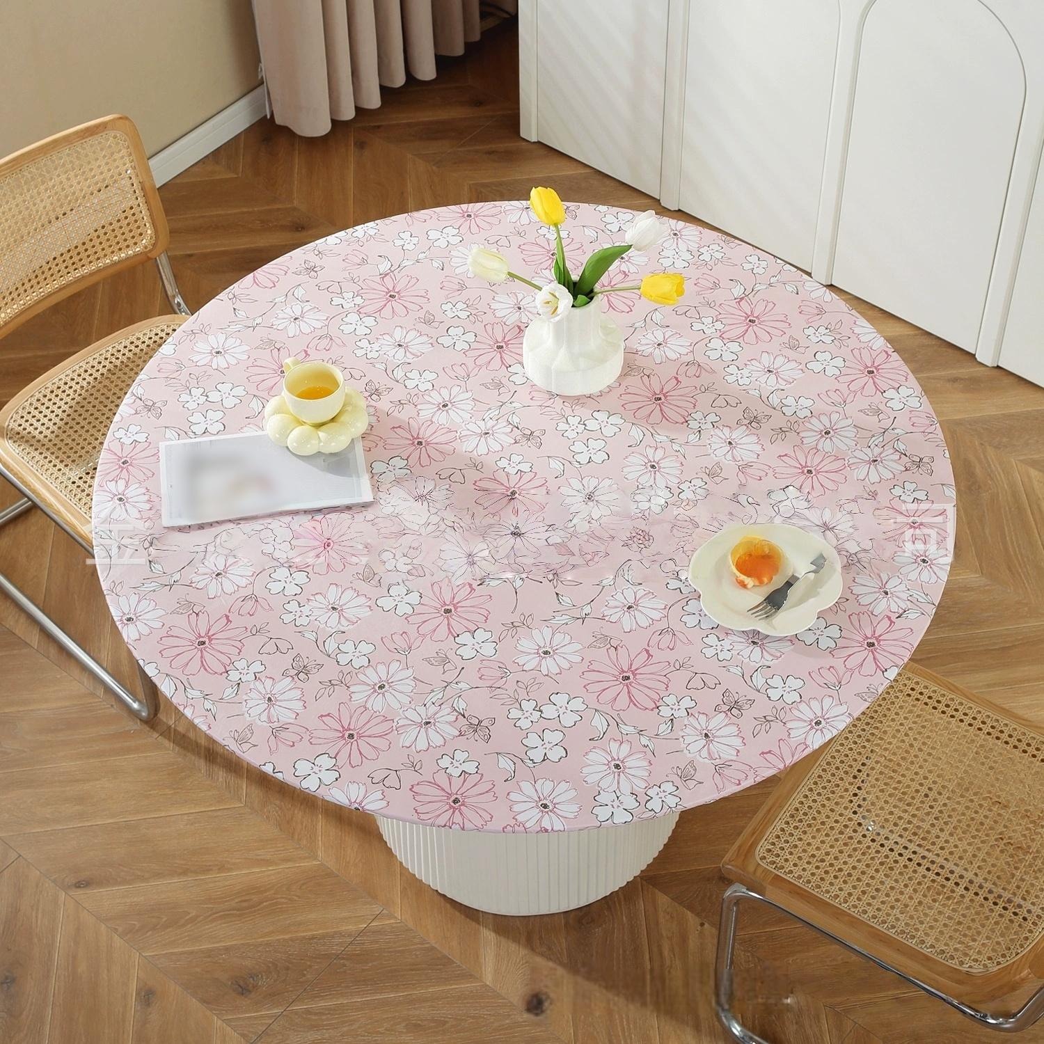 

1pc Round Table Cover Waterproof Oil-Proof Tablecloth Elastic Kitchen Dining Wedding Party Table Cover Home Decoration розовый