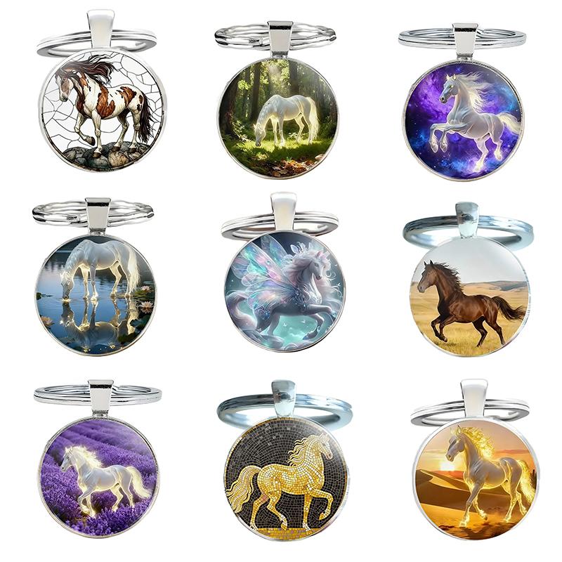 Retro Zodiac Horse Pattern Zinc Alloy Circular Keychain Car Backpack Hangings Decoration