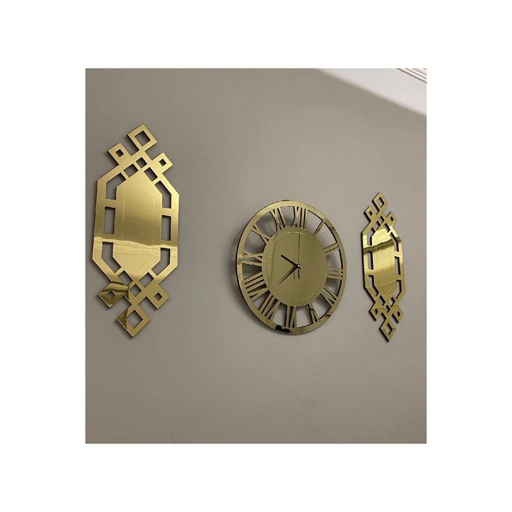 Set Ceas de Perete Decorativ 3 Piese Aur 50 Cm Ceas de Perete Elegant Numere Romane 25 X 62 Cm Picturi Baklava