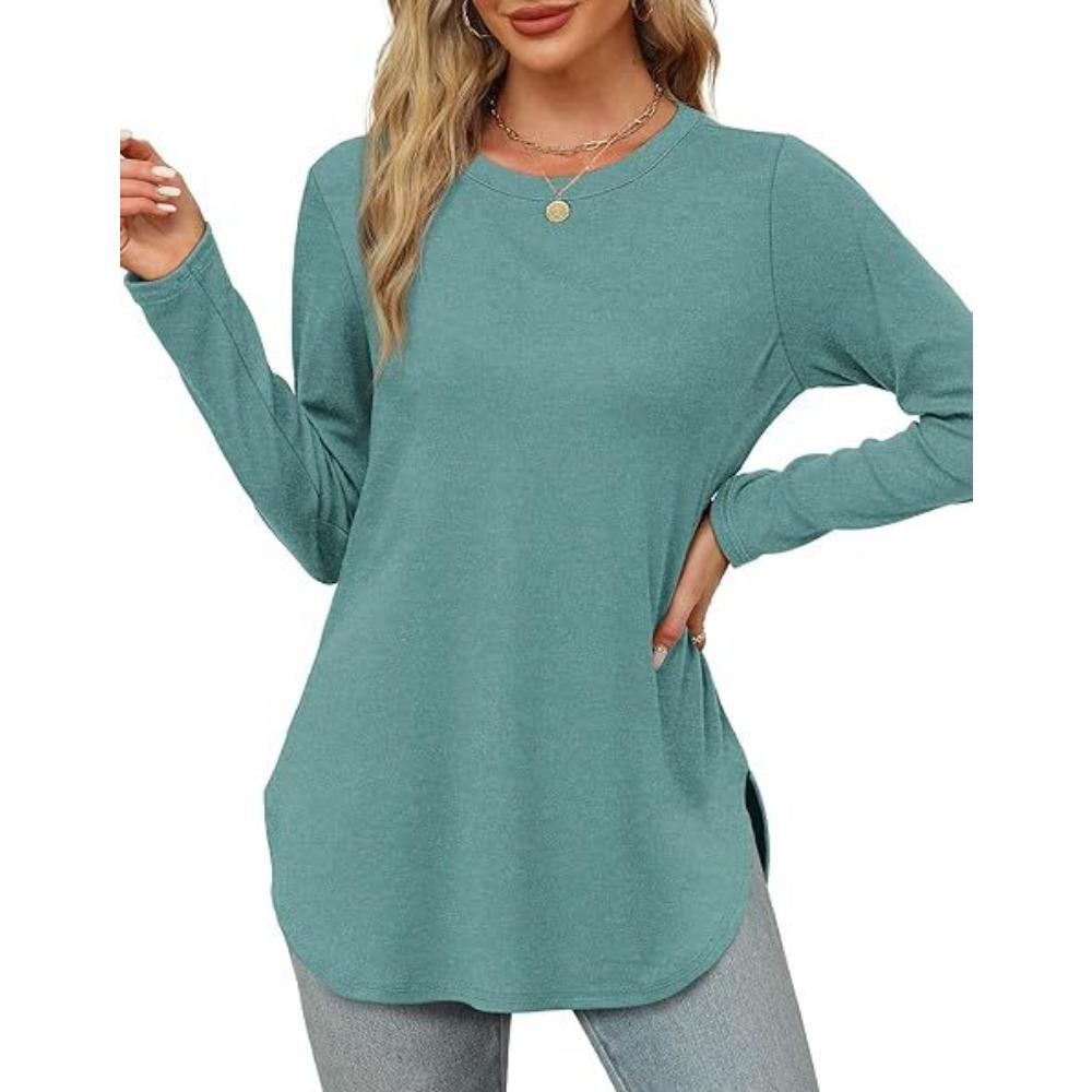 Women's O Neck Long Sleeve Tunic Top Solid Color Casual Loose Curved Hem T Shirt
