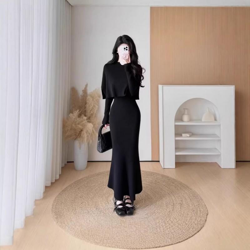 Womens Knit Sweater Midi Skirt Set Winter 2026 Elegant Office Wear Casual Outfit In Beige Black
