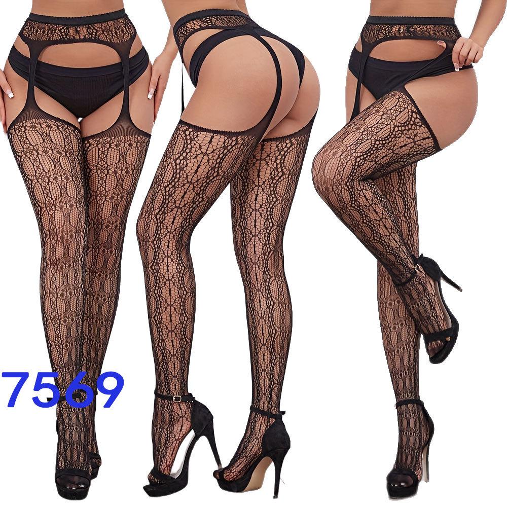 New style open crotch lace transparent suspender black silk sexy fishnet stockings non-slip one-piece suspender belt for women