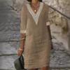 Solid Color V-neck Mid Sleeve Cotton Linen Casual Dress