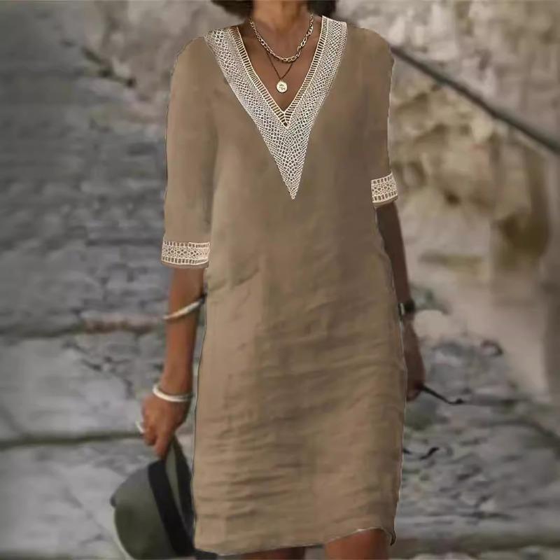 Solid Color V-neck Mid Sleeve Cotton Linen Casual Dress
