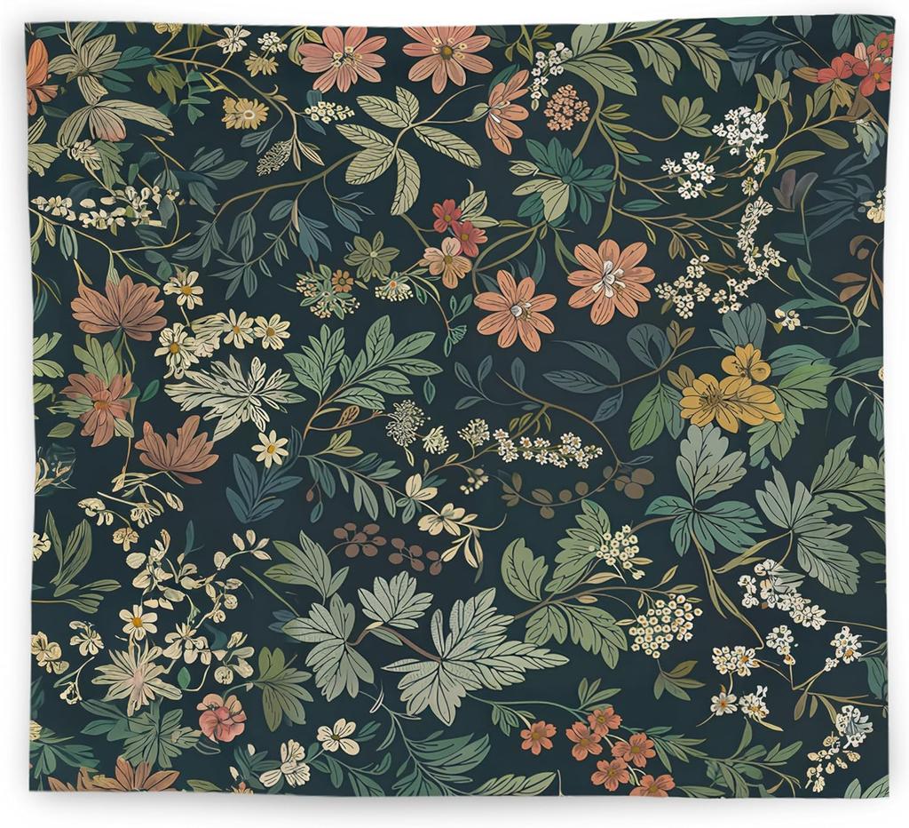 Dark Green Floral Botanical Tapestry Wall Hanging,Cottage Core Decor,Nature Rustic Cottagecore Flower Plants Wall Blanket Decor