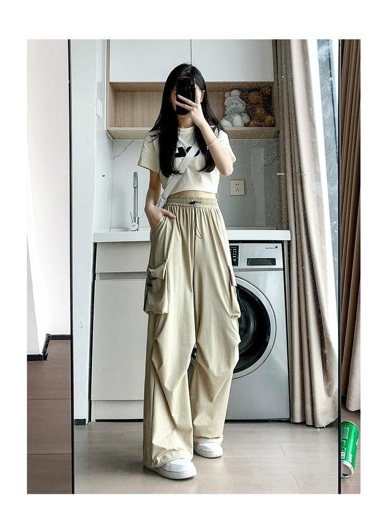 Petite Women's Quick-Dry High-Waisted Cargo Pants - Loose Wide-Leg Summer Hiking Pants