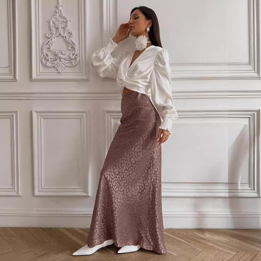 Women Long Leopard Print Ankel-Length Skirts High Waist