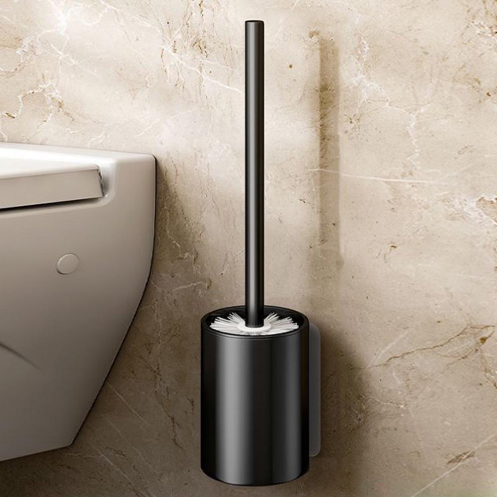 Space Aluminum Long Handle Toilet Brush + Storage Base No Drill Wall Mounted Bathroom Cleaning Tool B