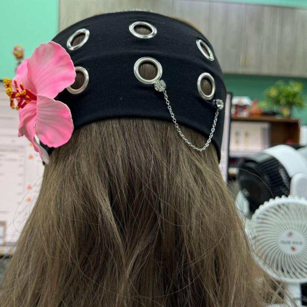 Hibiscus Butterfly Orchid Knitted Hairband Hollow Out Rhinestone Chain Headscarf  Men