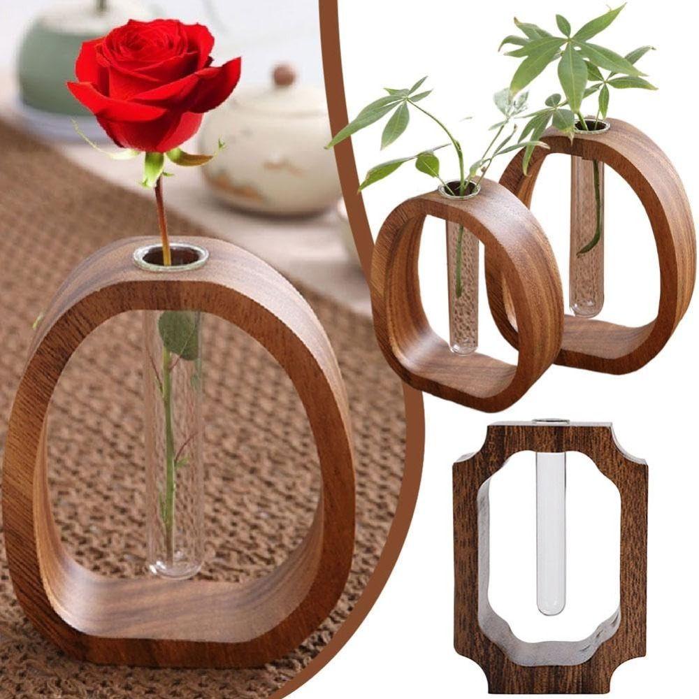 Test Tube Shape Solid Wood Flower Vase Clear Wooden Stand Hydroponic Flower Vessel Vase Ornaments Glass Vase
