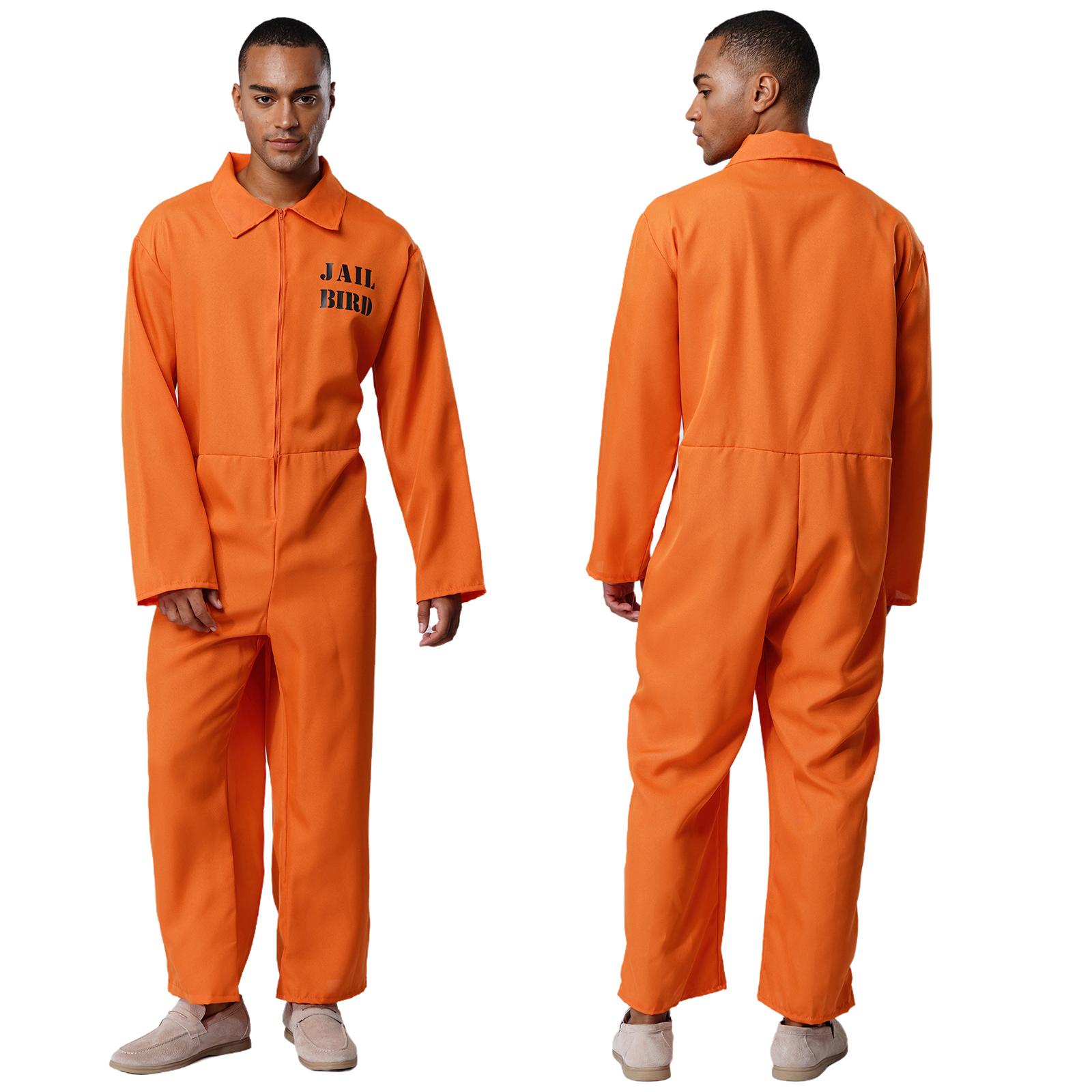 Men Women Long Sleeve Lapel Prison Jumpsuit Halloween Carnival Prisoner Inmate Criminal Convict Cosplay Costume Jailbird Uniform S