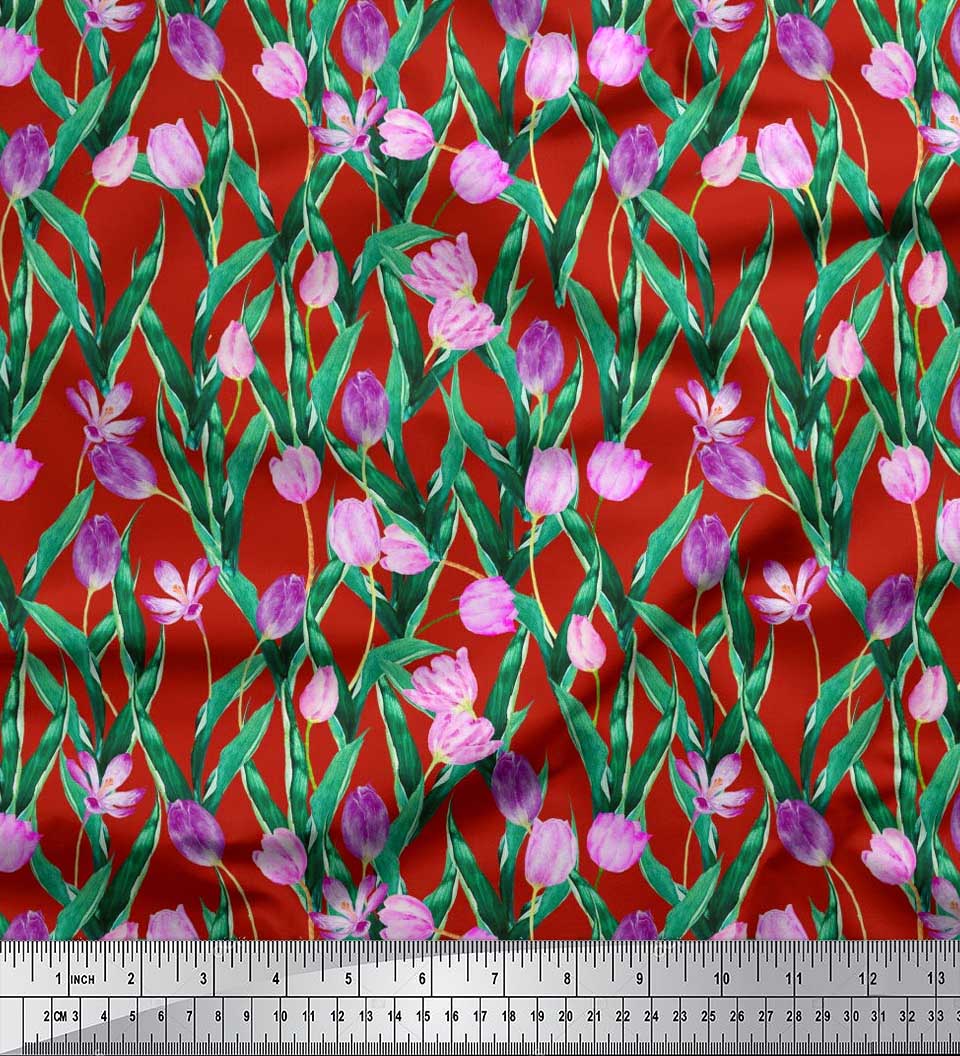 

Soimoi Japan Crepe Satin Ткань Листья и тюльпан Цветочный декор Ткань Печатный метр 42 дюйма 42 Inch Wide - Poly Crepe красный