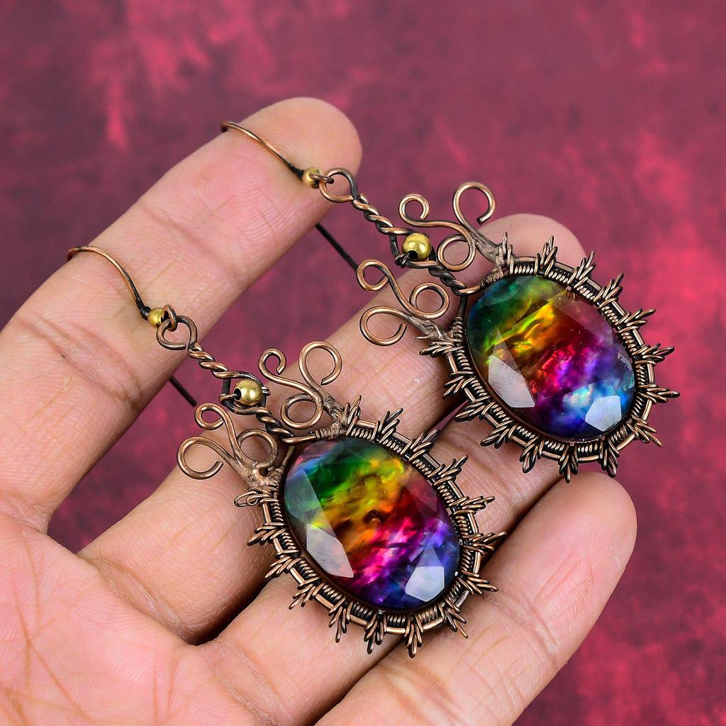 Facettierte Ammolit Ohrringe Kupferdraht umwickelte Ohrringe Handgemachte Ohrringe Brandneue Ohrringe Kupferdraht-Wicklung Edelstein Schmuck Jubiläumsgeschenke