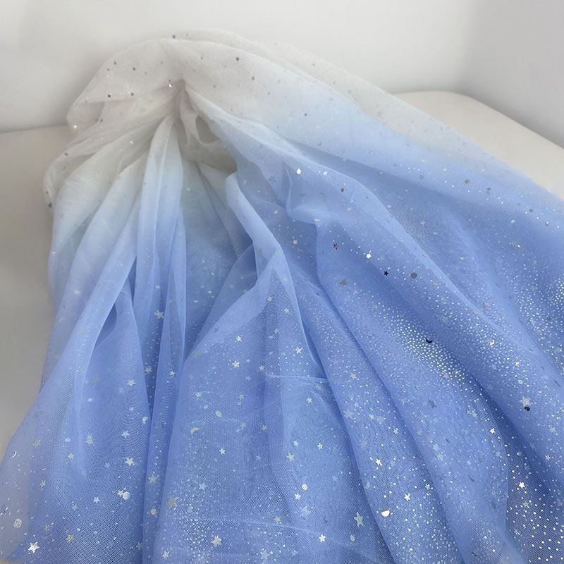 Gradient Rainbow Tulle Fabric Star Sequin By The Meter for Dress Hanfu Wedding Package DIY Sewing Cloth Soft Thin Draping Blue