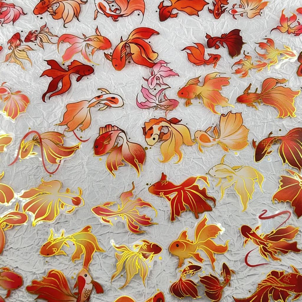50 Sheets Gold Foil Fish Stickers for Scrapbooking, Phone Case, Laptop, Holiday Gifts - Auspicious Decals