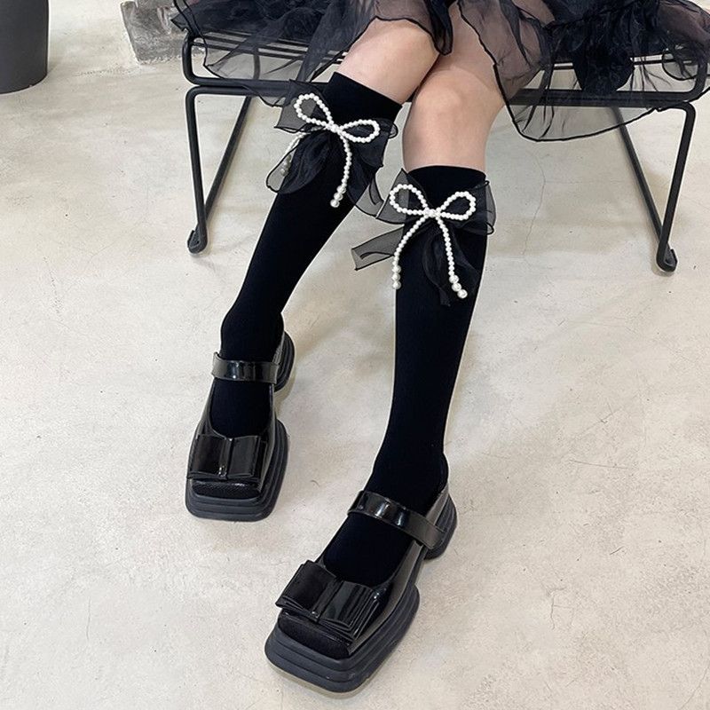 Autumn Winter Versatile Pearl Bowknot Lolita Cotton Knee High Socks Niche Design Calf Socks with Pearl Embellishment Sweet Girlish Style