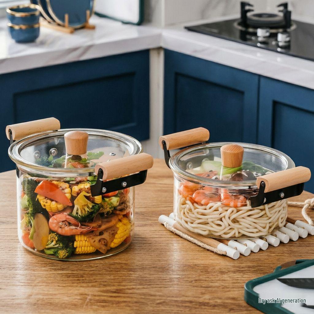 High Borosilicate Glass Soup Pot with Lid for Electric Stoves, Transparent Double Ear, Wood Handle.