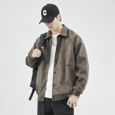 Gray-Green Deerskin Velvet Lapel Baseball Jersey Men'S Loose Trendy Brand 380G Heavy American Jacket