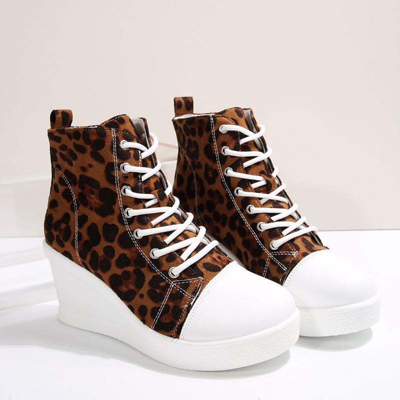 

Мода Высокий Верх Осенняя Мода Носок Круглый Сращенный Леопардовый Перед Шнуровка Платформа Нескользящий Износостойкий Клин Одиночный 42 темно-коричневого