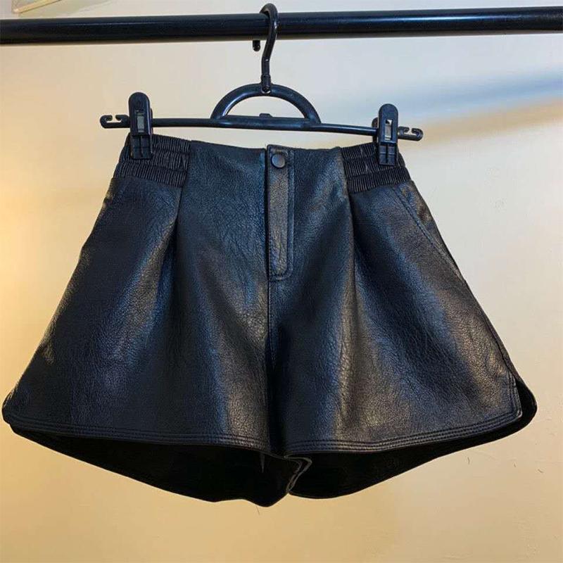 

Шорты женские свободные кожаные брюки с высокой талией сплошной цвет повседневные широкие брюки S чёрный