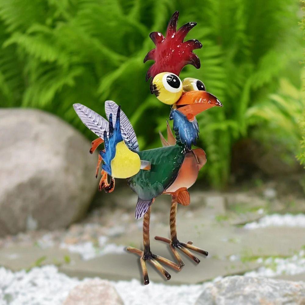 Yard Art Garden Rooster Statues Iron Cockerel Figurines Creative Chicken Sculpture  Lawn