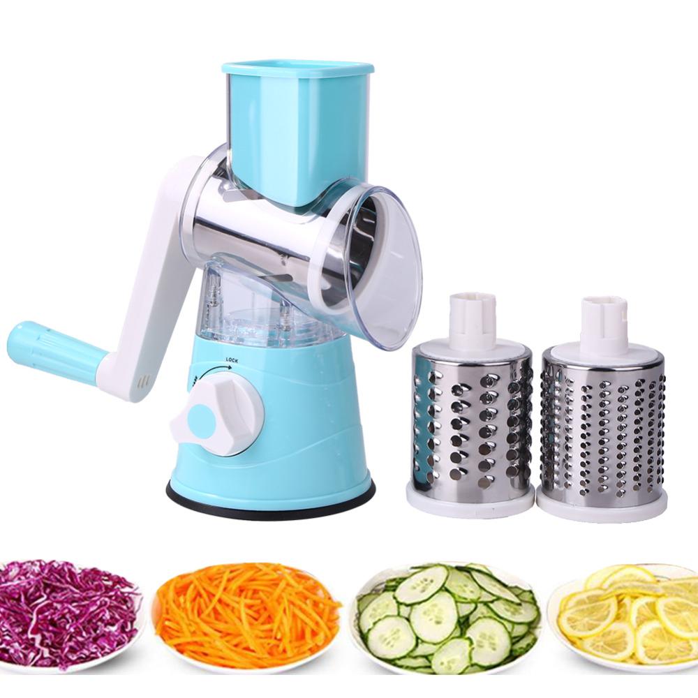 Drehbare Käsereibe Küchen-Mandoline Gemüseschneider mit 3 Klingen für Käse Kartoffel Zucchini Nüsse Schokolade