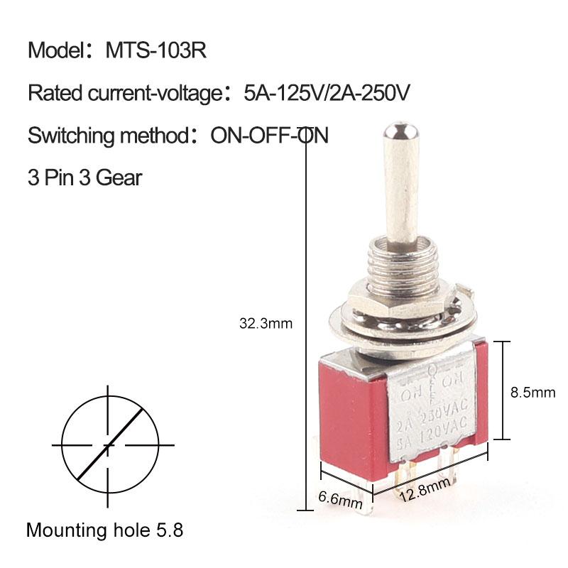 5PCS Miniature Toggle Switch   MTS-102/103/202/203/302/304/402/403 ON-ON  ON-OFF-ON 5A125V 2A250V 3/6/9/12 Pin Mounting 6mm