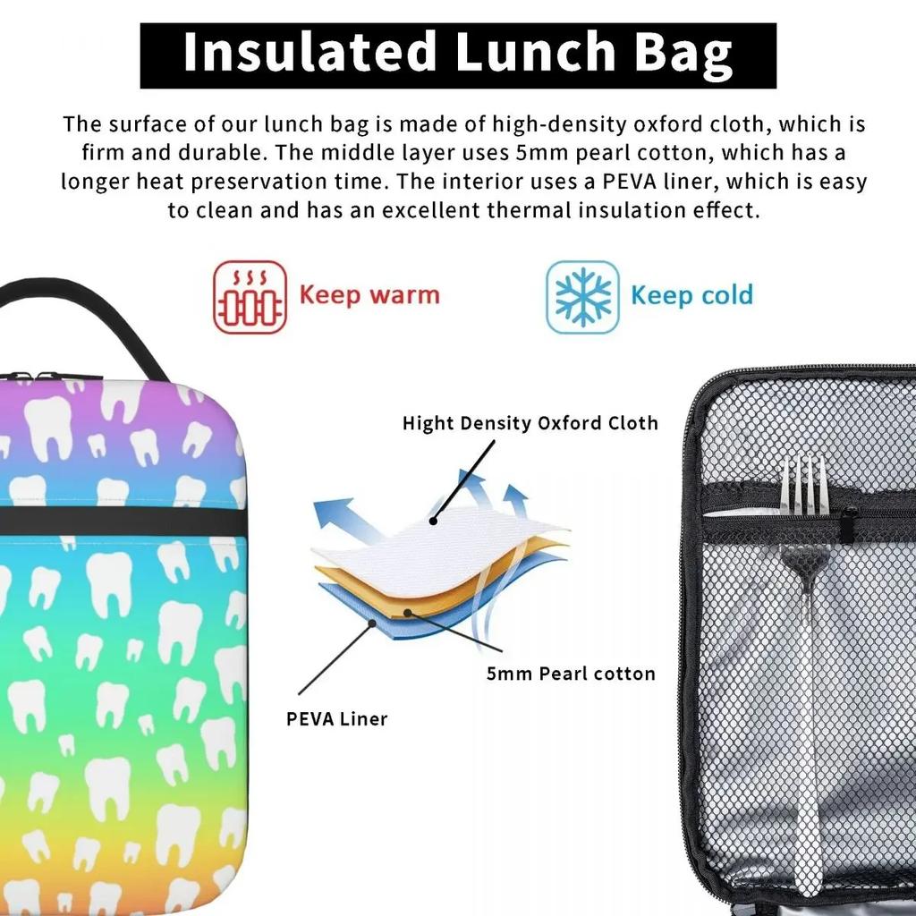 Rainbow Tooth Pattern Resuable Lunch Boxes Waterproof Teeth Cooler Thermal Food Insulated Lunch Bag Kids School Children