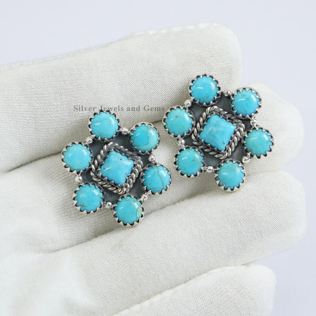 Arizona Turquoise 925 Sterling Silver Cluster Stud Earrings