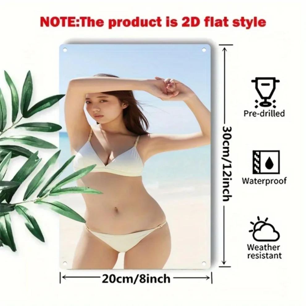 Hisun Tin Sign HD Metal Tin Sign Stunning Asian Beauty in White Bikini at Beach Wall Art Retro Metal Plaque for Home Decor x Inch